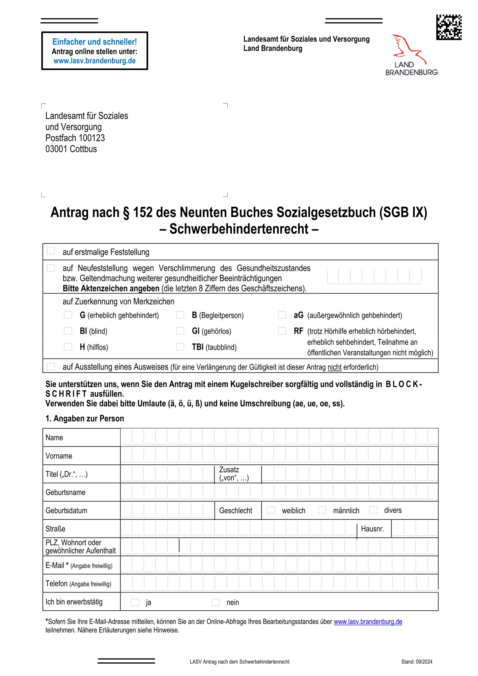 Antrag Auf Neufeststellung Der Behinderung Antrag nach § 152 des Neunten Buches Sozialgesetzbuch (SGB IX